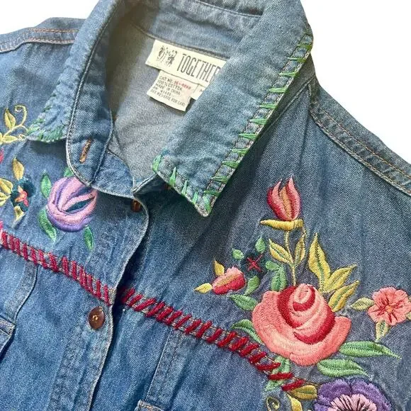 90s Vintage Oversized Western Denim Embroidered Flowers Cowgirl Cottagecore SM - Picture 5 of 10